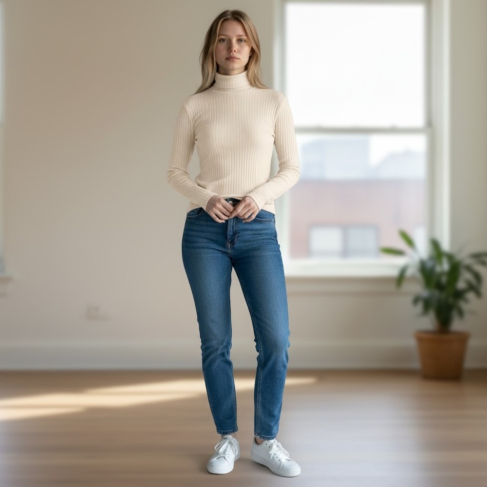Sunday Best Freshman Turtleneck Women 2XS White Ribbed Long Sleeve Top